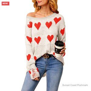 Off Shoulder Pullover Sweater Hearts Printed Ripped Y2K Chic Loose Knit Top